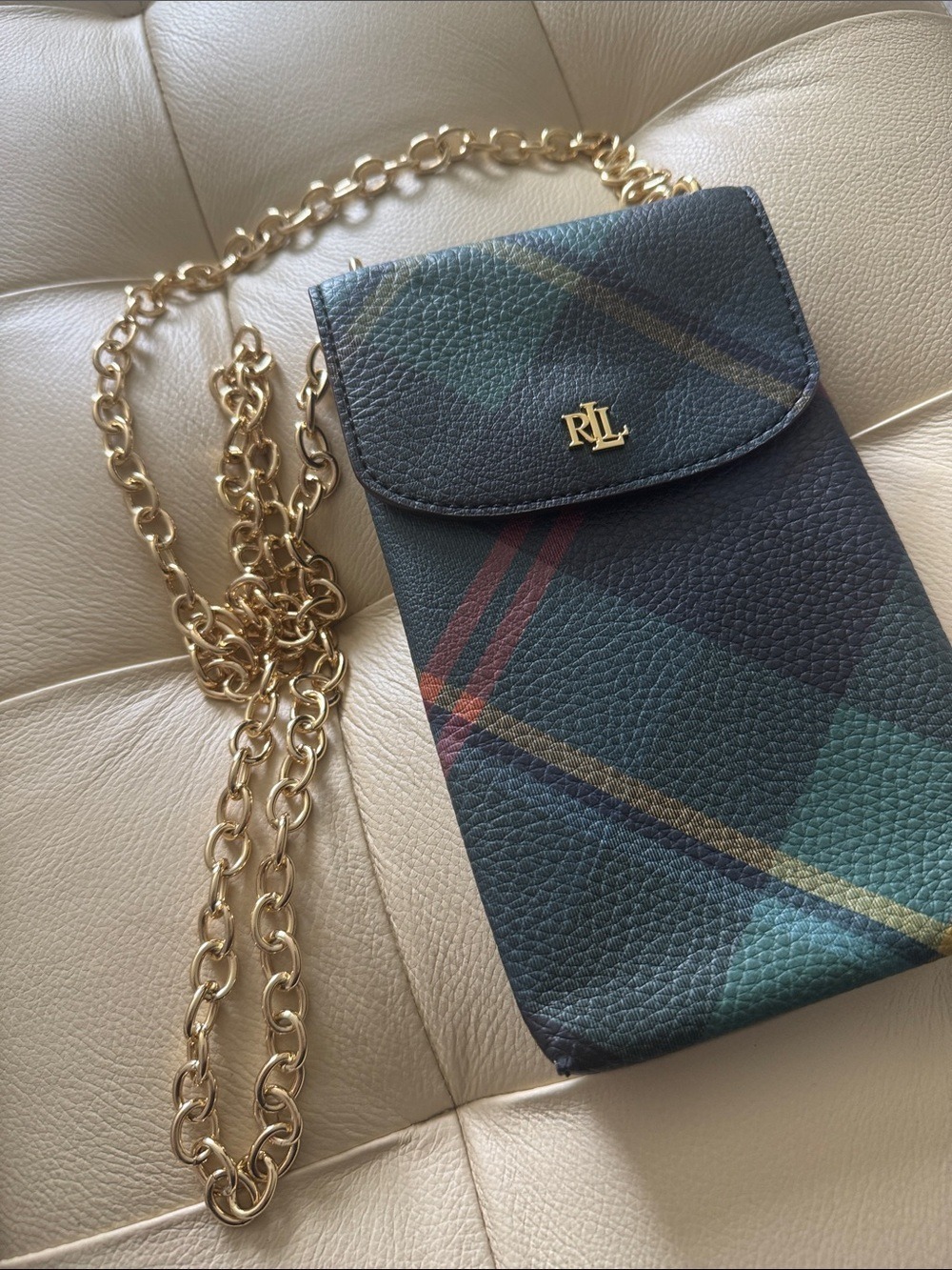 Ralph Lauren Green Plaid Chain Crossbody Phone Pouch - Picture 2 of 6
